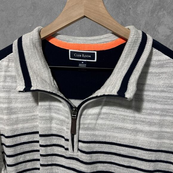 CLUB ROOM | Striped Quarter Zip White & Navy Blue Ribbed Pullover Sweater M - Picture 2 of 4